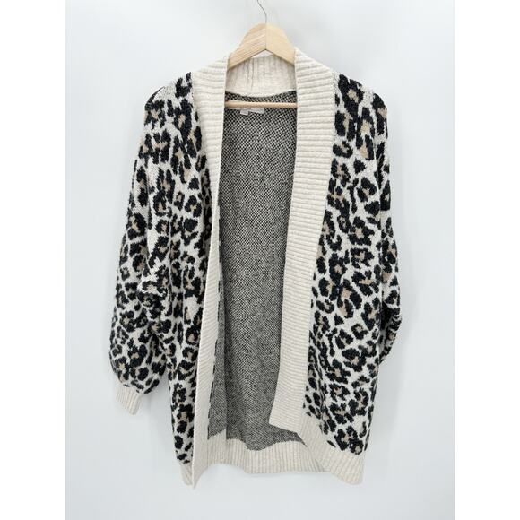LOFT Sweater Women SMALL Cream Leopard Print Open Knit Wool Blend Cardigan - Picture 1 of 10